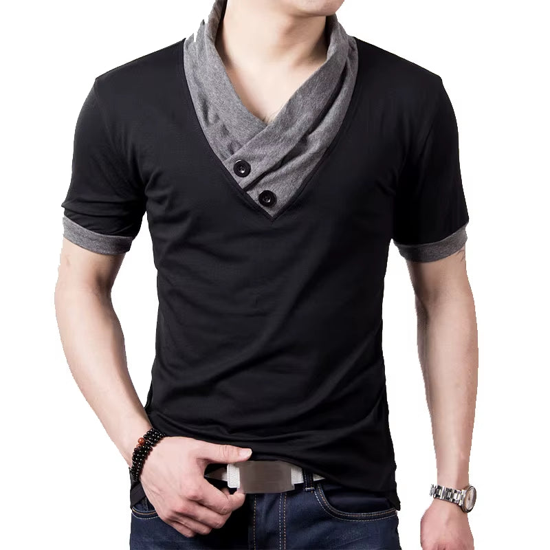 New plus Size Summer Mens T-Shirts Fashion 2025 Slim Short Sleeve Patchwork V Neck Cotton Black T Shirt Men Button Tops & Tees