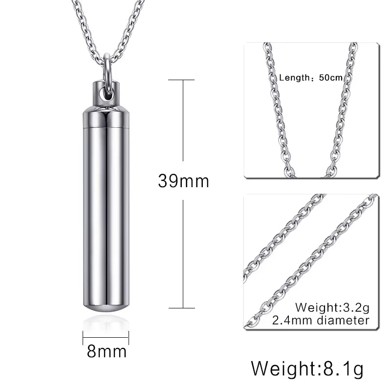 Men Woman Capsule Pendant Necklace in Open Cylindrical Pendants Stainless Steel Remembrance Jewelry Pill Filler Kit with Funnel