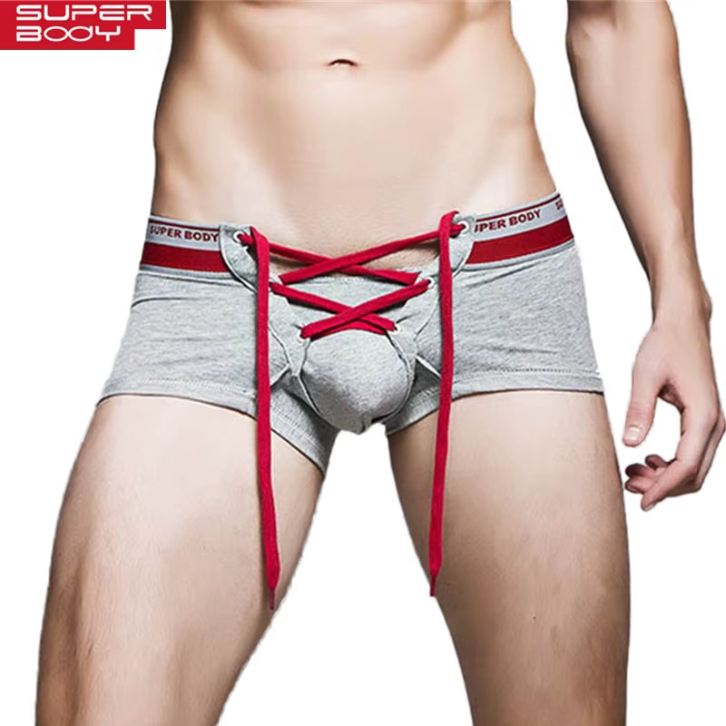 SUPERBODY Brand Men'S Cotton Sexy Underwear Men Boxer Shorts Drawstring Penis Pouch Designed Gay Underwear Boxers for Man