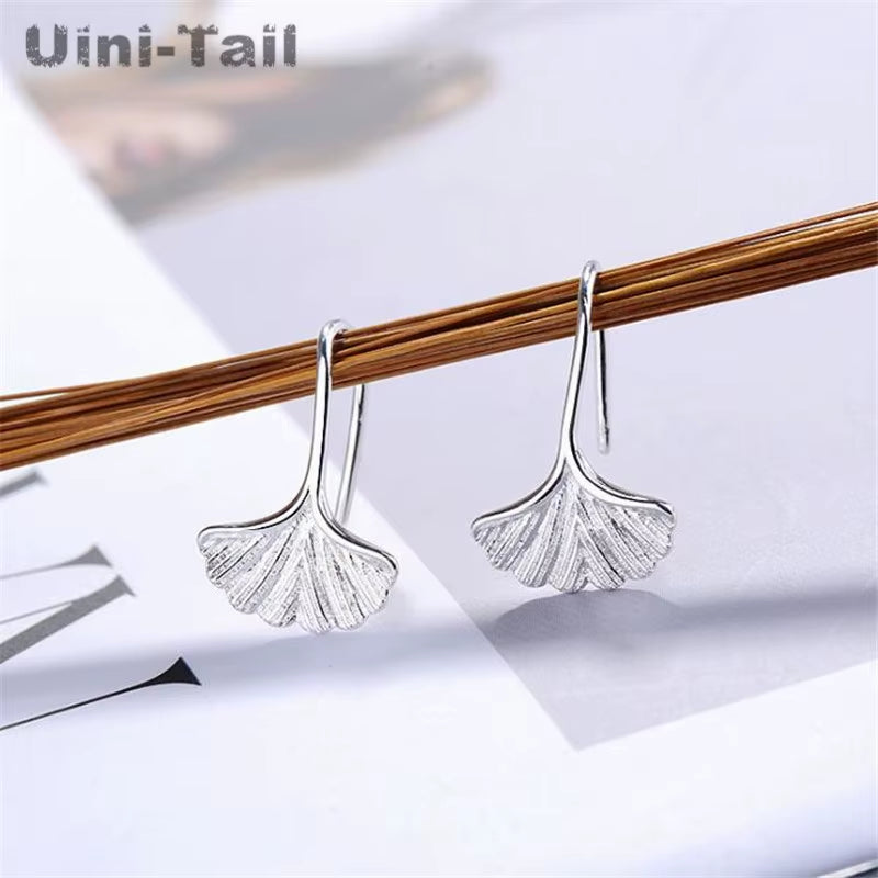 New Hot 925 Tibetan Silver Chinese Style Ginkgo Leaf Ear Hook Temperament Simple Personality Fashion Earrings ED119
