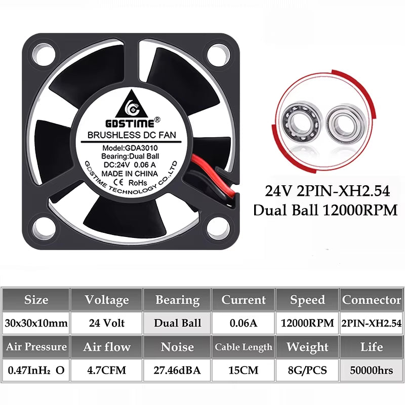 2PCS  Dual Ball Bearing DC 24V 12V 5V 3Cm 30Mm 30X30X10Mm 3010 Brushless Mini Cooler Cooling Fan