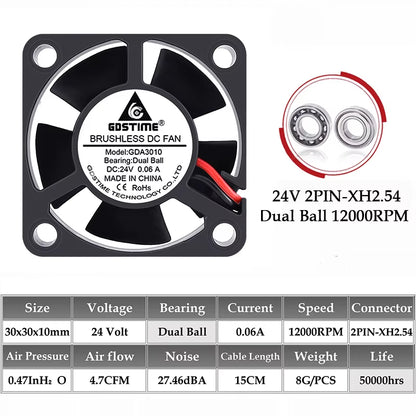 2PCS  Dual Ball Bearing DC 24V 12V 5V 3Cm 30Mm 30X30X10Mm 3010 Brushless Mini Cooler Cooling Fan