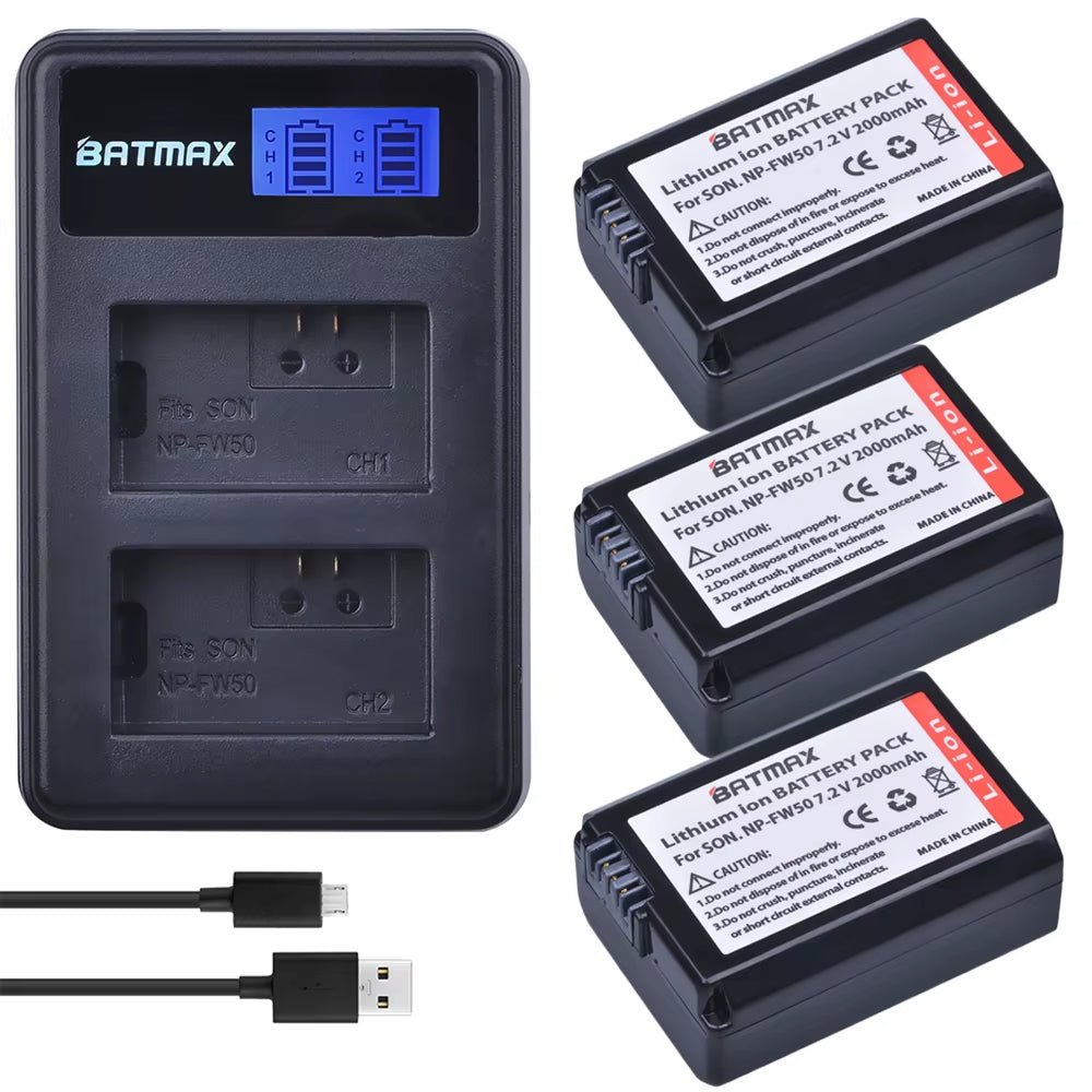 2000Mah NP-FW50 NP FW50 Camera Battery + LCD USB Dual Charger for Sony Alpha A6500 A6300 A6000 A5000 A3000 NEX-3 A7R Zv-E1