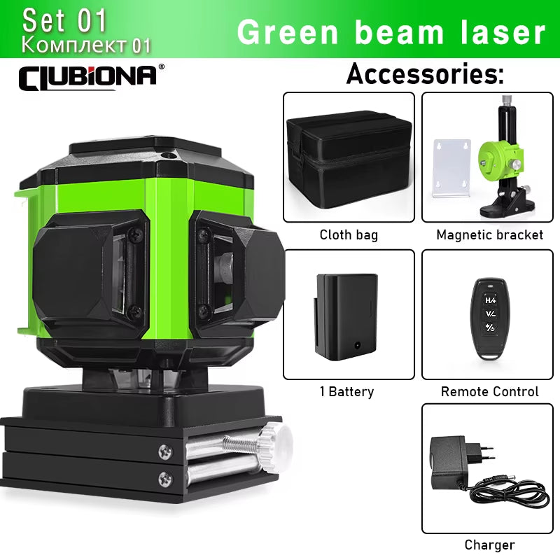 16/12 Lines Self-Leveling Remote Control Outdoor Mode - Receiver Auto 3X360 Green Beam Line Laser Level