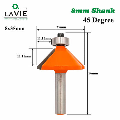 LAVIE 1Pc 8Mm Shank 45 Degree Chamfer Edge Forming Router Bit Bevel Flush Trim Bit Woodworking Milling Cutter Bits MC02021