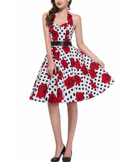 Polka Dot Dress Women Vintage Swing Halter Belt 50S 60S Rockabilly Prom Party Dresses Retro Feminino Vestidos