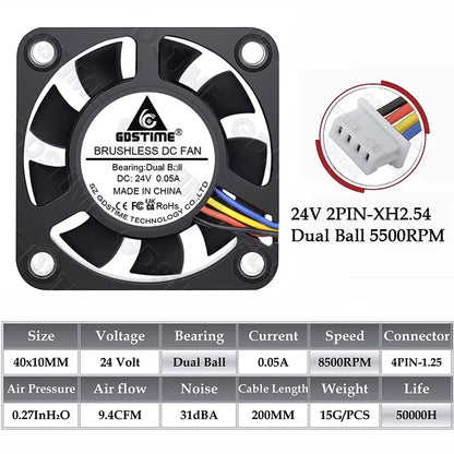 2Pcs  DC 24V 12V 5V 40Mm X 40Mm X 10Mm 2-Pin Ball Bearing Computer PC Case Cooling Fan 4010