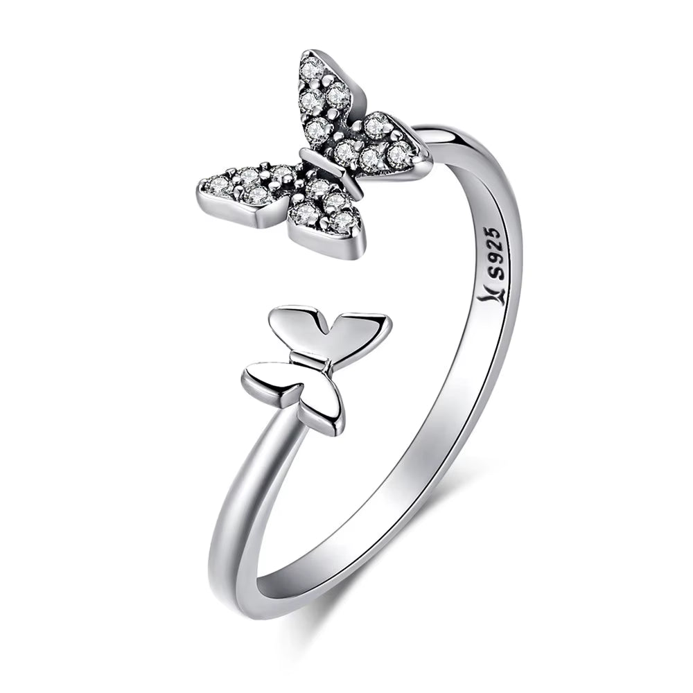 Hot Sale 925 Sterling Silver Dazzling CZ Butterfly Open Finger Ring for Women Fashion Sterling Silver Jewelry Gift SCR087