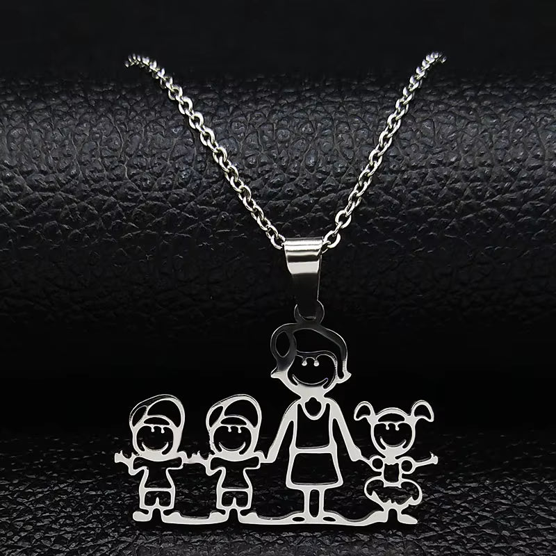 Stainless Steel Necklace Mama Family Necklaces Silver Color Love Boy Girl Pendant Jewelry Women Christmas Gift 355