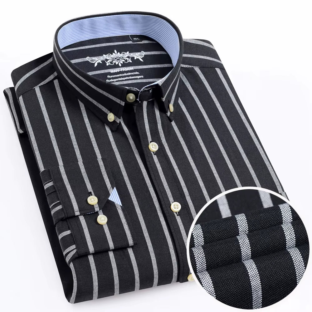 Men'S Long Sleeve Oxford Plaid Striped Work Casual Shirt with Pocket, Spring Autumn Cotton Blend Regular-Fit Button-Down Shirts