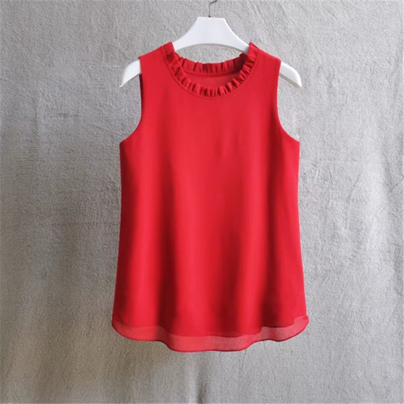 21 Colors Solid Ruffle Chiffon Blouse Women 2025 Summer Fashion Vest Blusas Casual Loose Sleeveless Ladies Tops Shirt