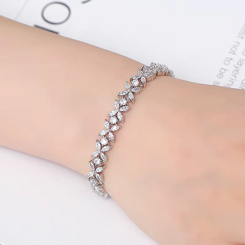 Classic White Marquise Cut Cubic Zircon Chain & Link Bracelets Bangles Flower Bridal Wedding Jewelry for Women BP094