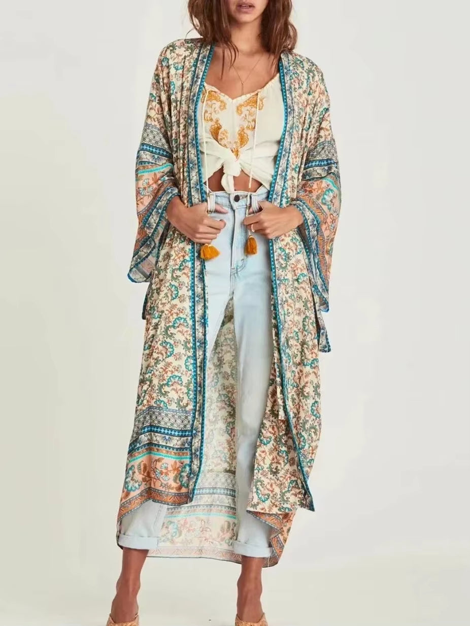 Vintage Chic Women Floral Print Batwing Sleeve Beach Bohemian Kimono Dress Ladies V Neck Summer Boho Robe Cover-Ups Vestidos