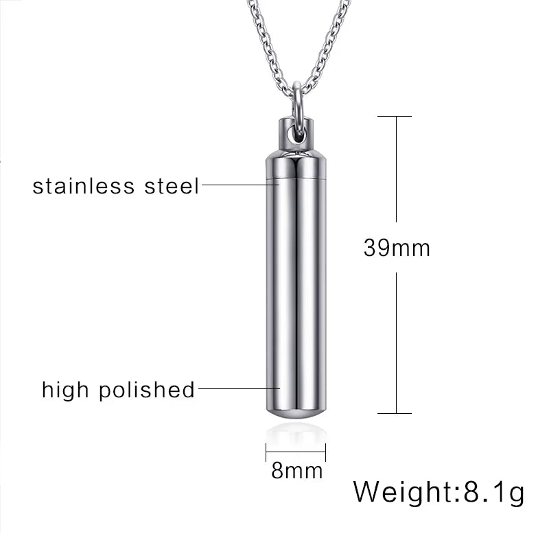 Men Woman Capsule Pendant Necklace in Open Cylindrical Pendants Stainless Steel Remembrance Jewelry Pill Filler Kit with Funnel