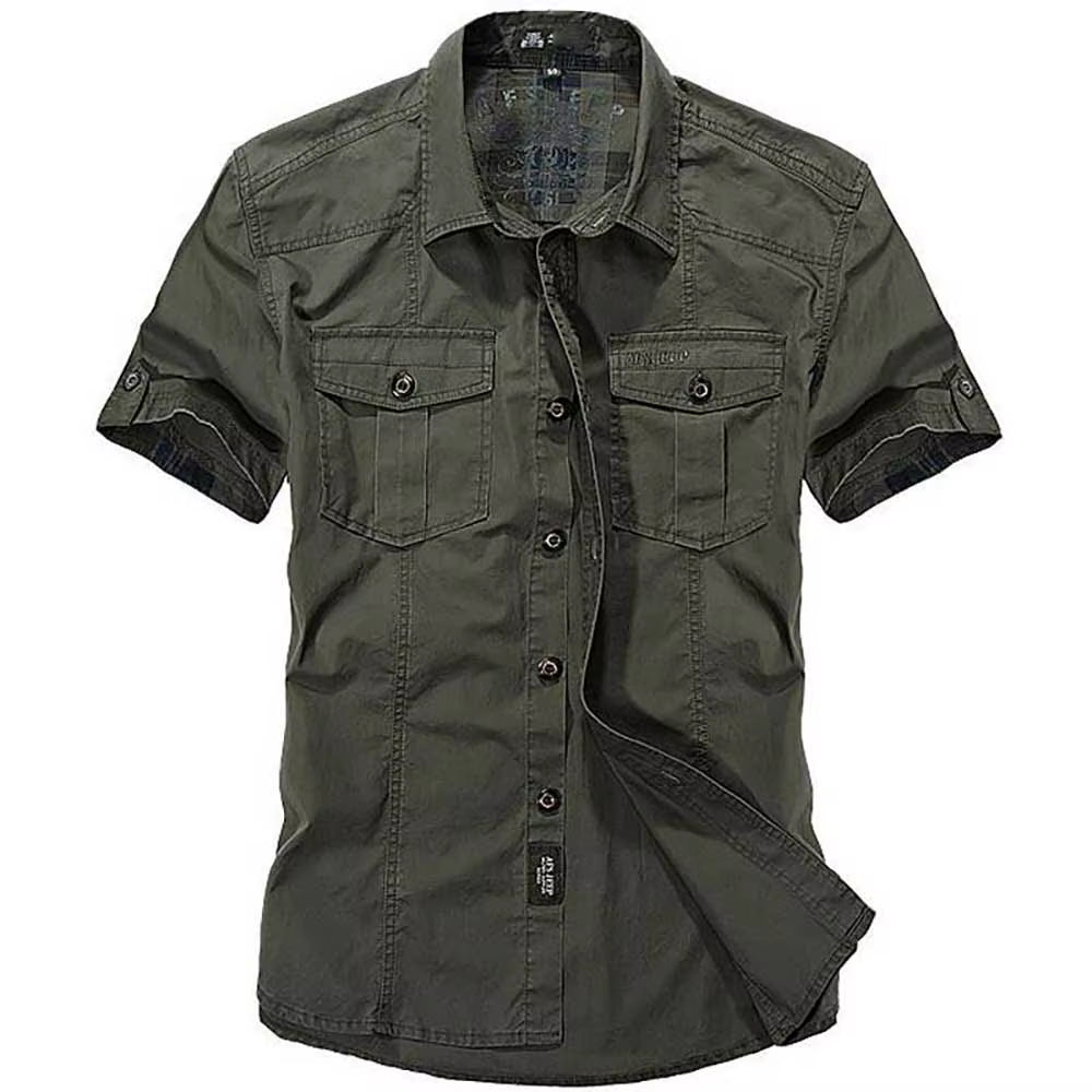 Fashion Cotton Casual Shirts Summer Men plus Size Loose Baggy Shirts Short Sleeve Turn-Down Collar Military Style Male Clothing