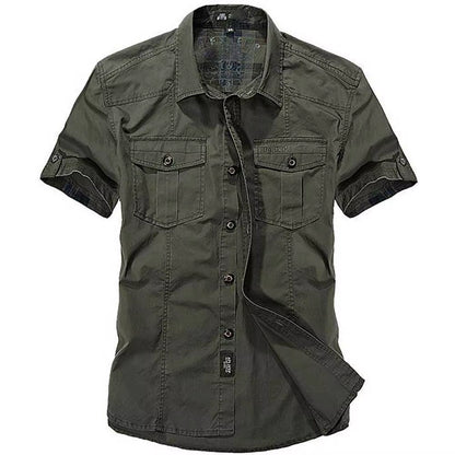 Fashion Cotton Casual Shirts Summer Men plus Size Loose Baggy Shirts Short Sleeve Turn-Down Collar Military Style Male Clothing