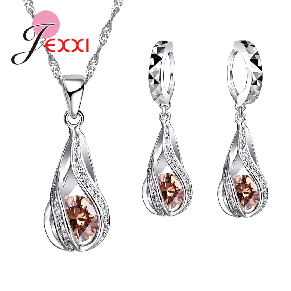 925 Sterling Silver Necklace Pendant Earrings Fashion Spiral Shaped White Crystal Jewelry Sets for Wholesale