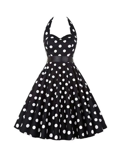 Polka Dot Dress Women Vintage Swing Halter Belt 50S 60S Rockabilly Prom Party Dresses Retro Feminino Vestidos