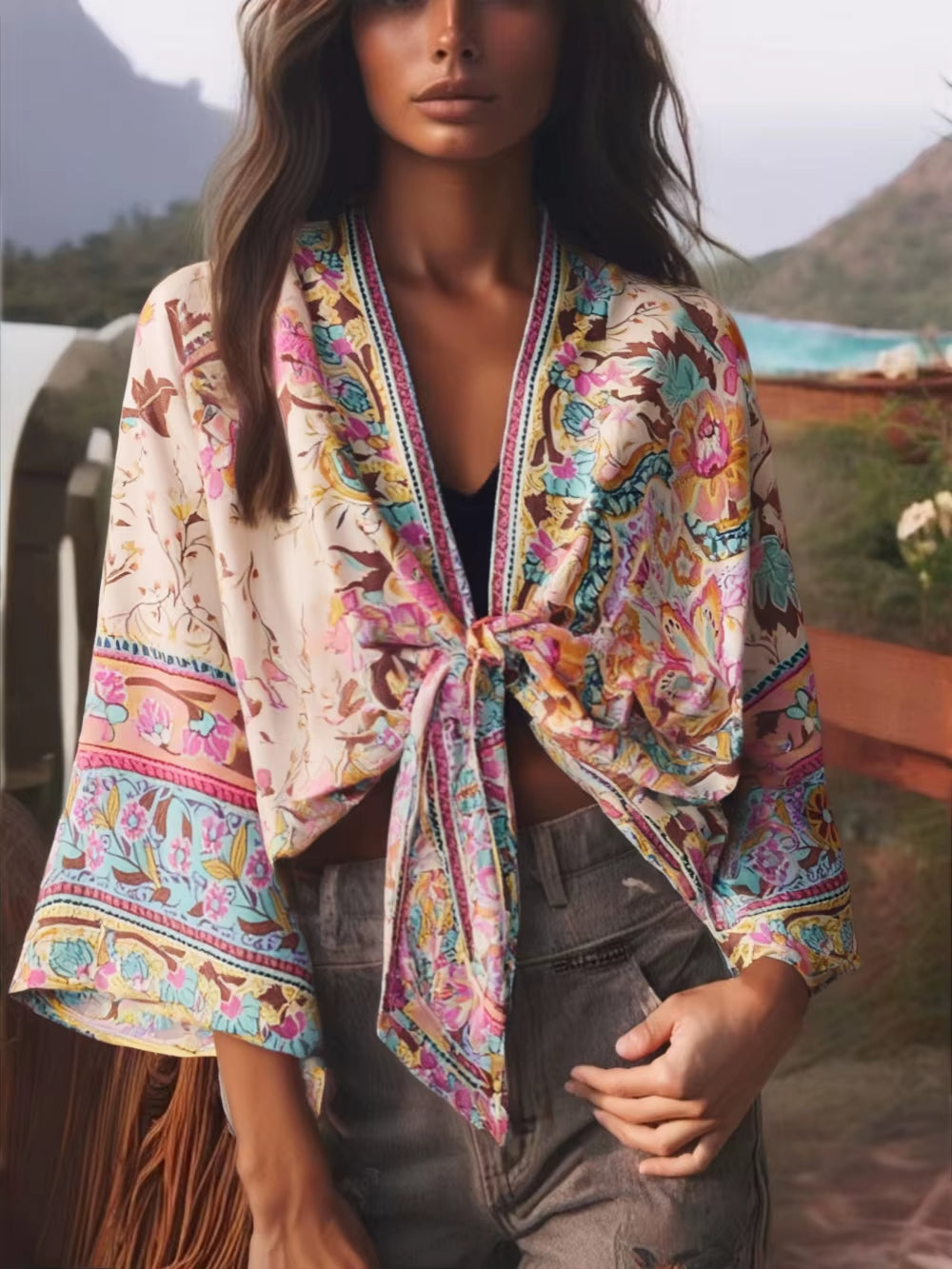 Boho Vintage Floral Print Beach Summer Short Kimono Women Fashion Ladies Casual V Neck Batwing Sleeves Bohemian Cover-Ups