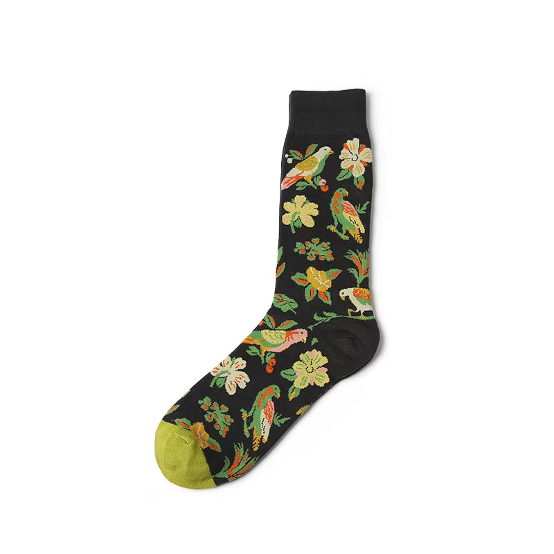 1 Pair Art Socks New Men Women Cotton Socks Couple Funny Socks Flower Bird Long Colorful Socks EUR39-44