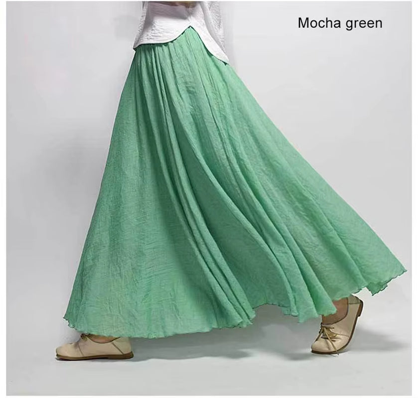 Women'S Elegant High Waist Linen Maxi Skirt 2023 Summer Ladies Casual Elastic Waist 2 Layers Skirts Saia Feminina 20 Colors SK53