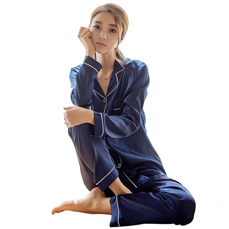 Womens Silk Satin Pajamas Pyjamas Set Sleepwear Pijama Pajamas Suit Female Sleep Two Piece Set Women'S Loungewear plus Size