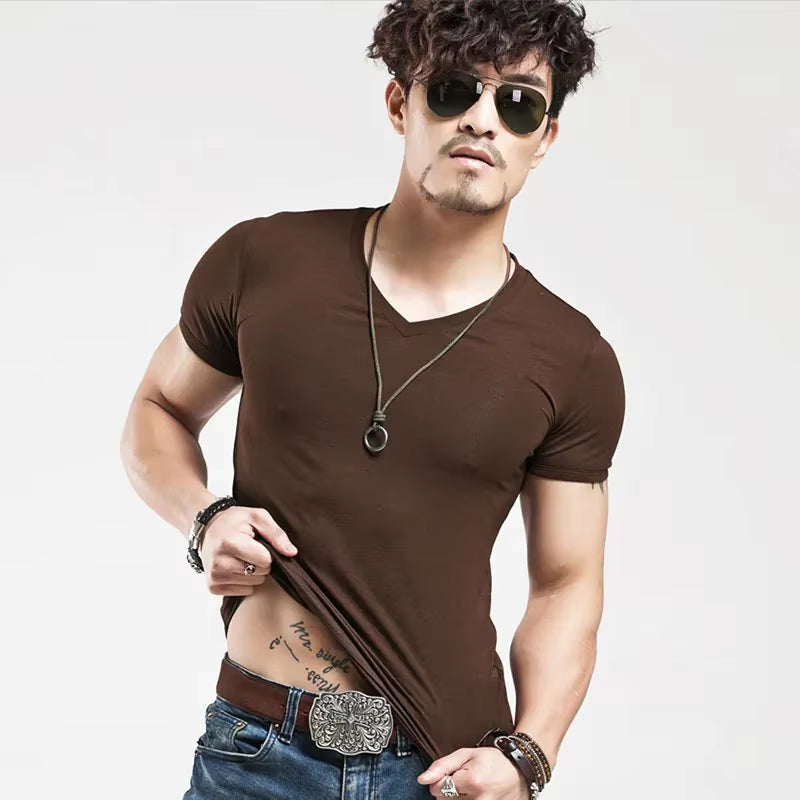 2025 Brand New Men T Shirt Tops V Neck Short Sleeve Tees Men'S Fashion Fitness Hot T-Shirt for Male Man T-Shirt Size 5XL