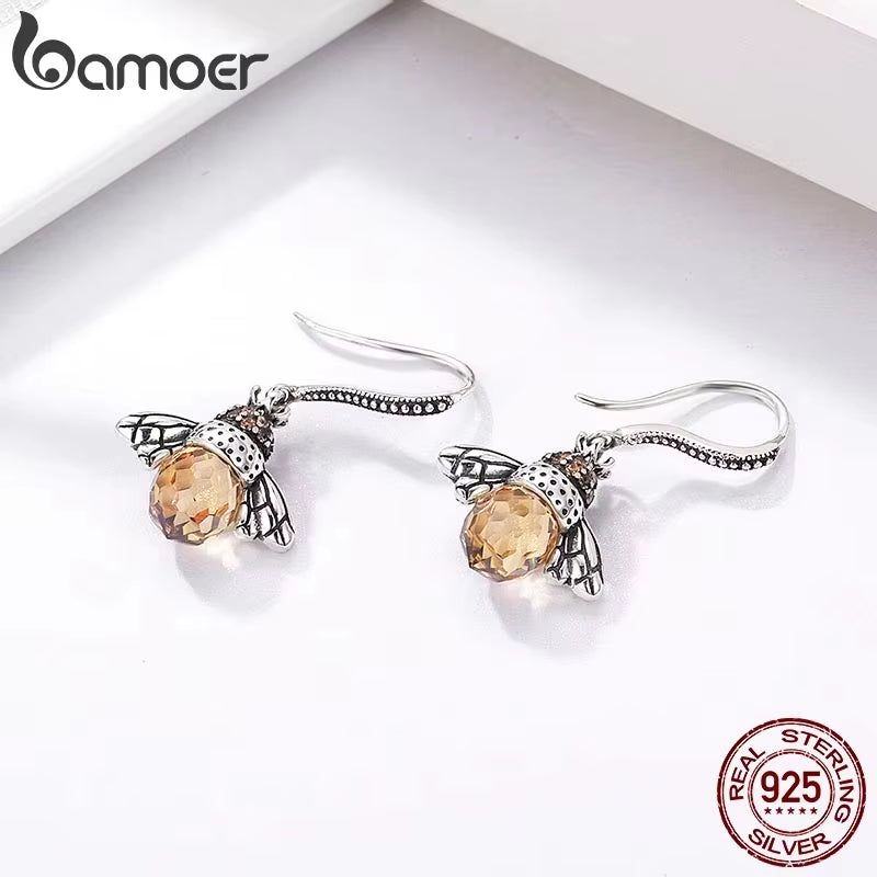 Hot Sale 925 Sterling Silver Yellow Bee Drop Earrings for Women Lovely Insect Earrings Fine Jewelry Gift SCE149
