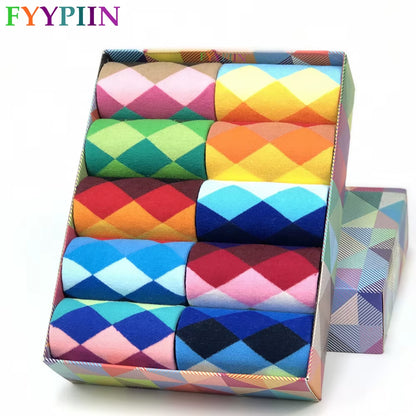 Men Socks Standard Casual Happy Socks High Quality Diamond Pattern Cotton Socks 10 Colors Couple Suit Men'S plus Size Socks