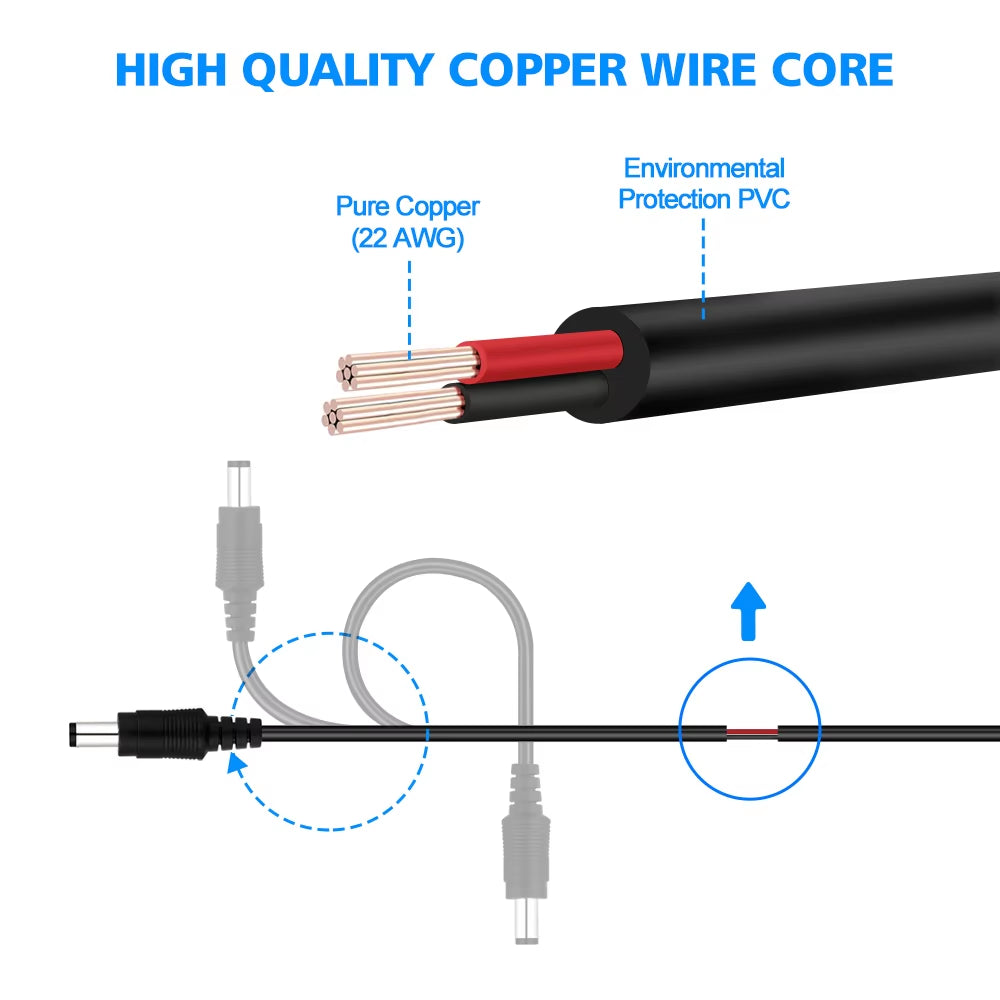 2M 6.56FT/ 5M 16.5FT / 10M 33FT DC Extension 5.5X2.1Mm Power Cord Cable Extender for CCTV Security Camera 12 Volt Extension Cord