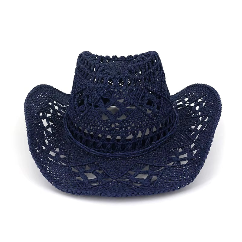Summer Outdoor Men Women Hand-Woven Western Cowboy Paper Straw Hats Wide Brim Breathable Beach Jazz Cap Sun Protection Hat