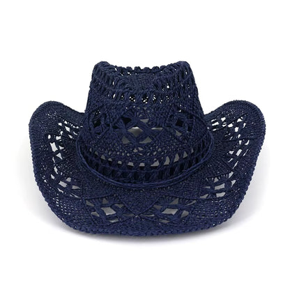 Summer Outdoor Men Women Hand-Woven Western Cowboy Paper Straw Hats Wide Brim Breathable Beach Jazz Cap Sun Protection Hat