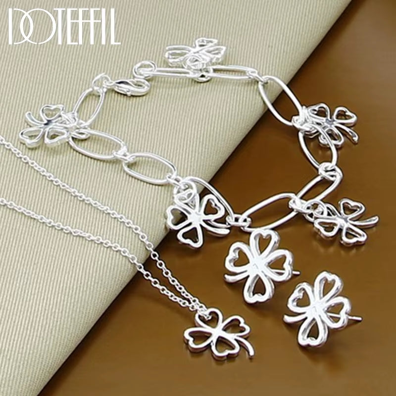925 Sterling Silver Four-Leafed Clover Chian Necklace Bracelet Earring Set for Woman Wedding Engagement Fashion Jewelry