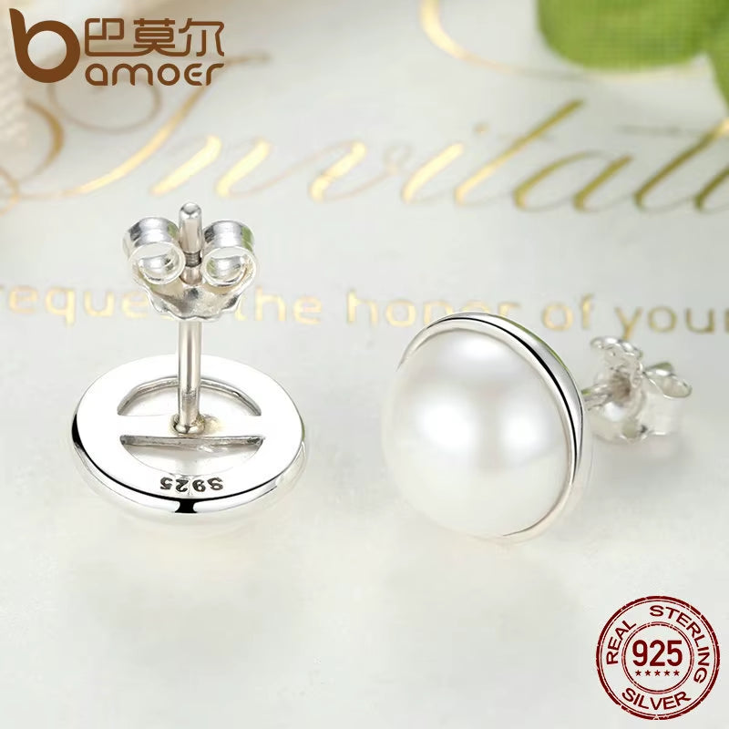 Fashion 925 Sterling Silver Elegant Beauty, round White Shell Pearl Stud Earrings Women Engagement Jewelry Brincos PAS489