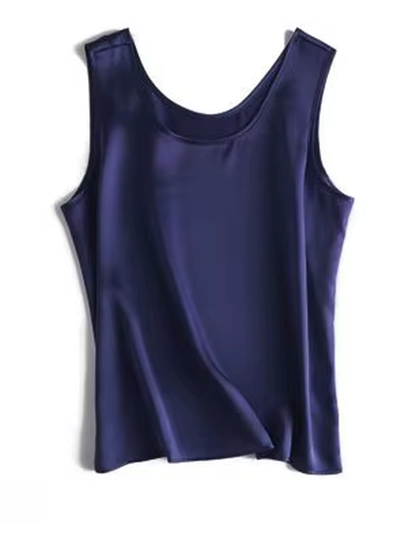 . Women Basic Cozy Tanks, 100%Real Silk, O Neck Sleeveless Chic T Shirt, 2025 Solid Summer Vests, White, Pink, Beige