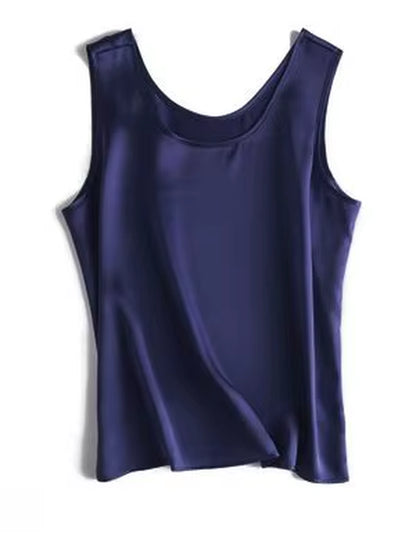 . Women Basic Cozy Tanks, 100%Real Silk, O Neck Sleeveless Chic T Shirt, 2025 Solid Summer Vests, White, Pink, Beige