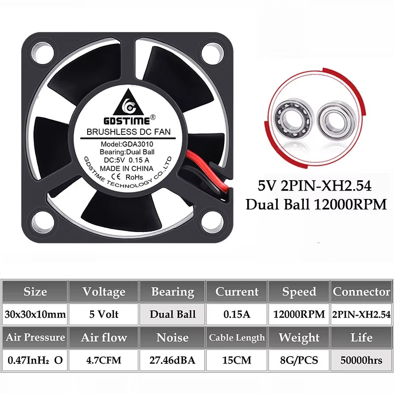 2PCS  Dual Ball Bearing DC 24V 12V 5V 3Cm 30Mm 30X30X10Mm 3010 Brushless Mini Cooler Cooling Fan