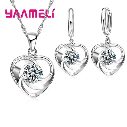925 Sterling Silver Necklace Earrings Set Long Chain Sweet Romantic Style Love Heart Shape for Women Lady Wife