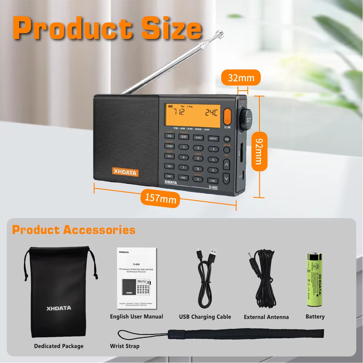 D-808 AM/FM/SW/MW SSB AIR RDS Full Band Portable Radio with Multifunction Deep Sound Stereo Rechargeable Radio Receiver