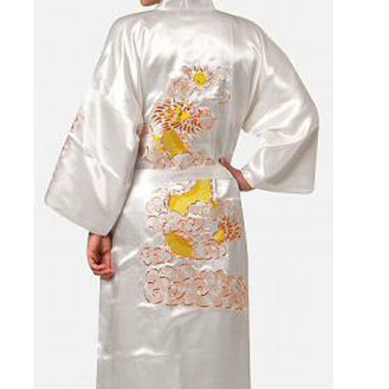 Navy Blue Chinese Men'S Satin Silk Robe Embroidery Kimono Bath Gown Dragon Size S M L XL XXL XXXL S0008
