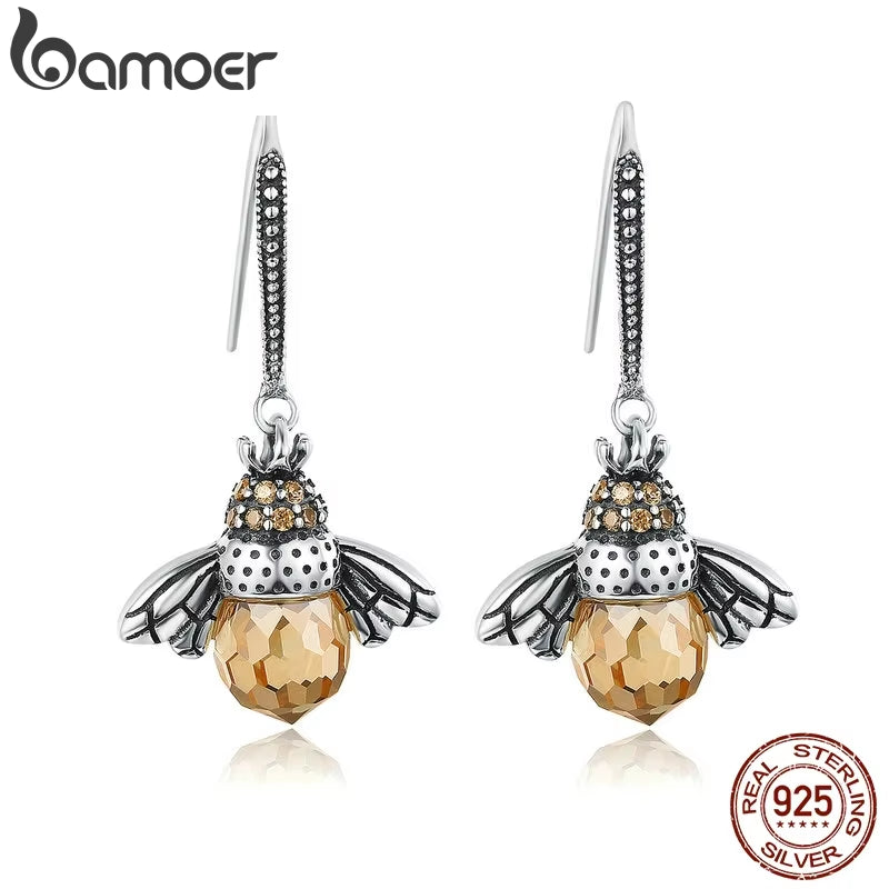 Hot Sale 925 Sterling Silver Yellow Bee Drop Earrings for Women Lovely Insect Earrings Fine Jewelry Gift SCE149