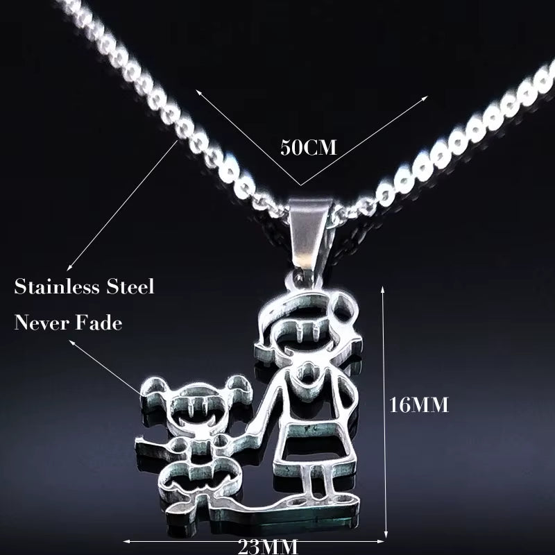Stainless Steel Necklace Mama Family Necklaces Silver Color Love Boy Girl Pendant Jewelry Women Christmas Gift 355