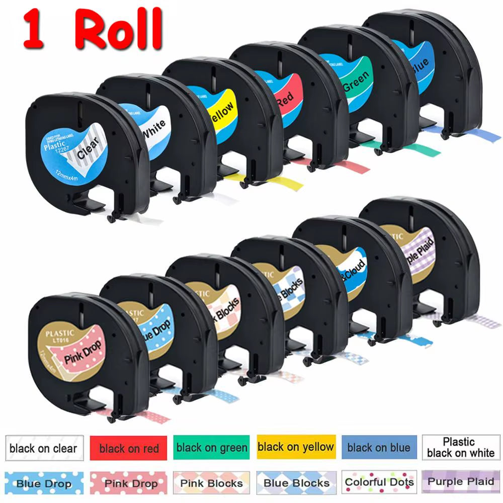 CIDY 91201 Compatible 12Mm*4M Black on White Dymo Letratag Plastic Tape LT 91331 LT9120112267 18769 18771 for LT-100H LT-100T