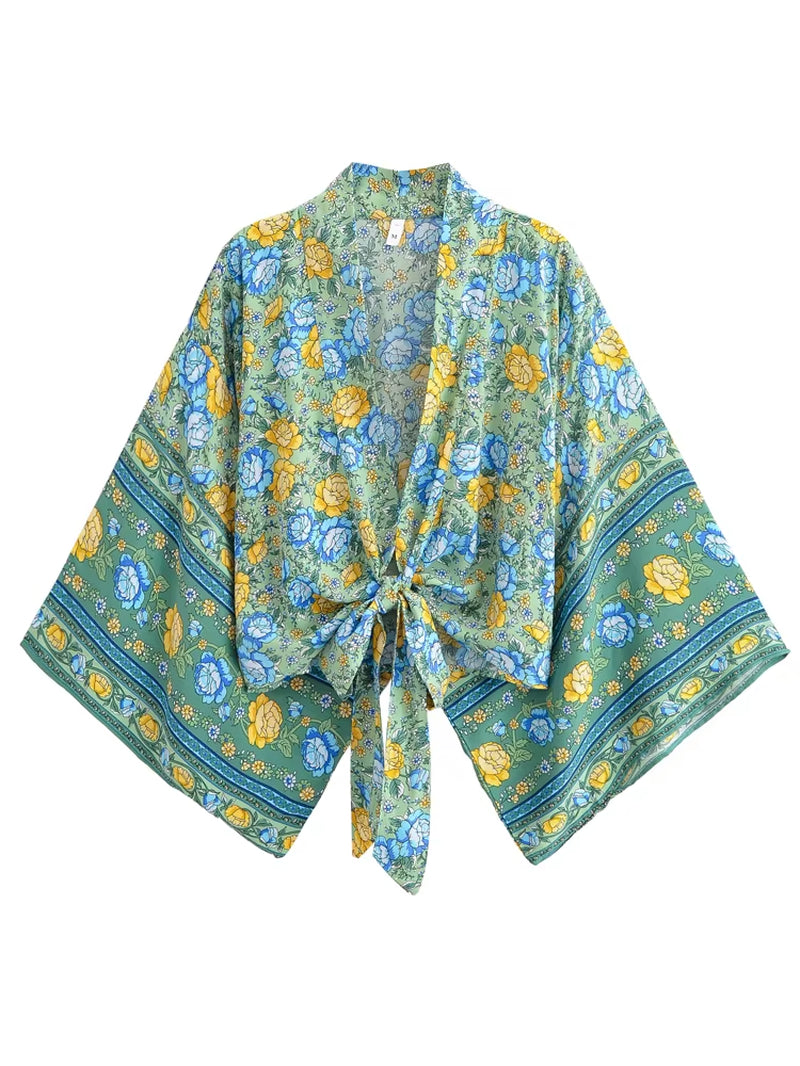 Boho Vintage Floral Print Beach Summer Short Kimono Women Fashion Ladies Casual V Neck Batwing Sleeves Bohemian Cover-Ups