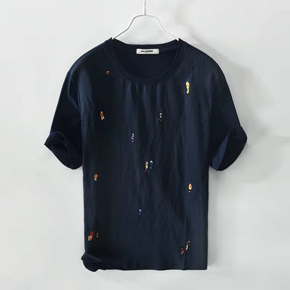 Designer Cartoon Embroidery Stitching Linen Short Sleeve T-Shirt Men Brand Casual round Neck White T Shirt for Men Camiseta