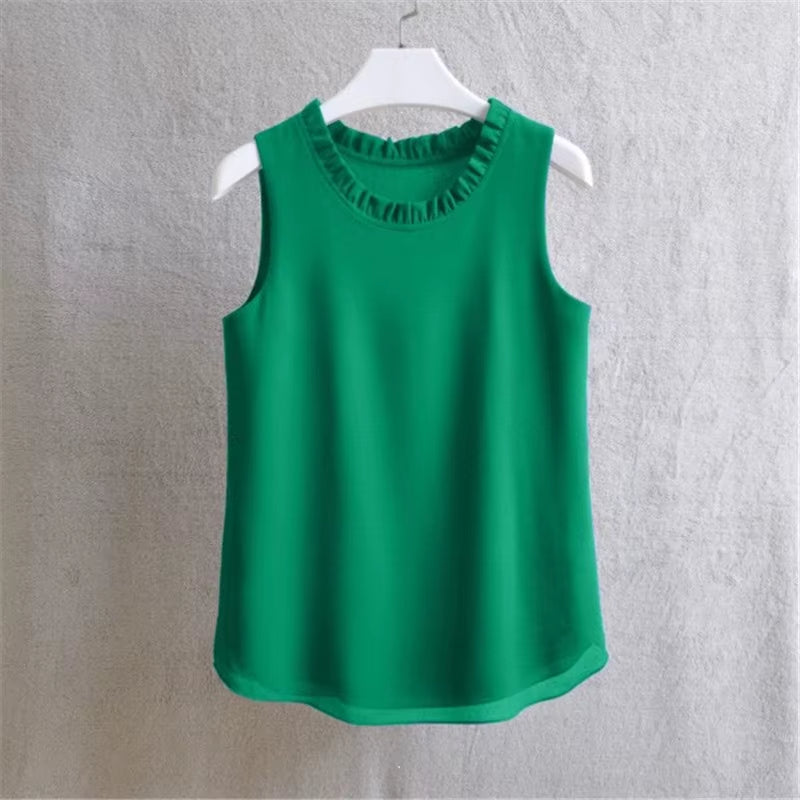 21 Colors Solid Ruffle Chiffon Blouse Women 2025 Summer Fashion Vest Blusas Casual Loose Sleeveless Ladies Tops Shirt