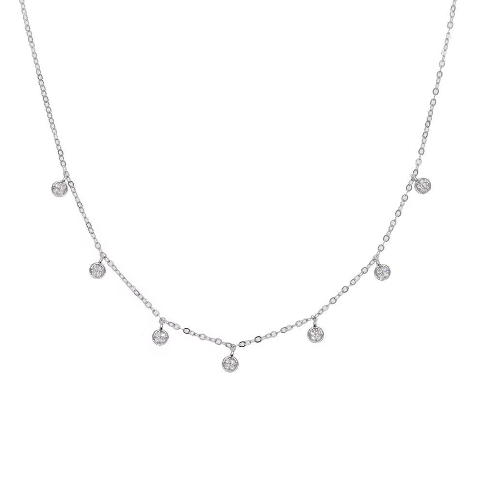 925 Sterling Silver Clear CZ Station Multi Charm Choker Fashion Delicate Dainty Disco Dots Drip Drop Pendant Necklace for Women