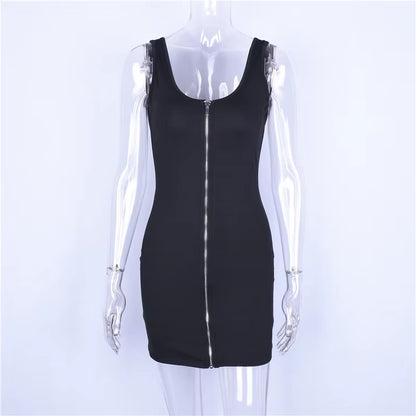 Sleeveless V-Neck Zipper Backless Sexy Bodycon Mini Dress 2019 Summer Women Fashion Black Party Clothes