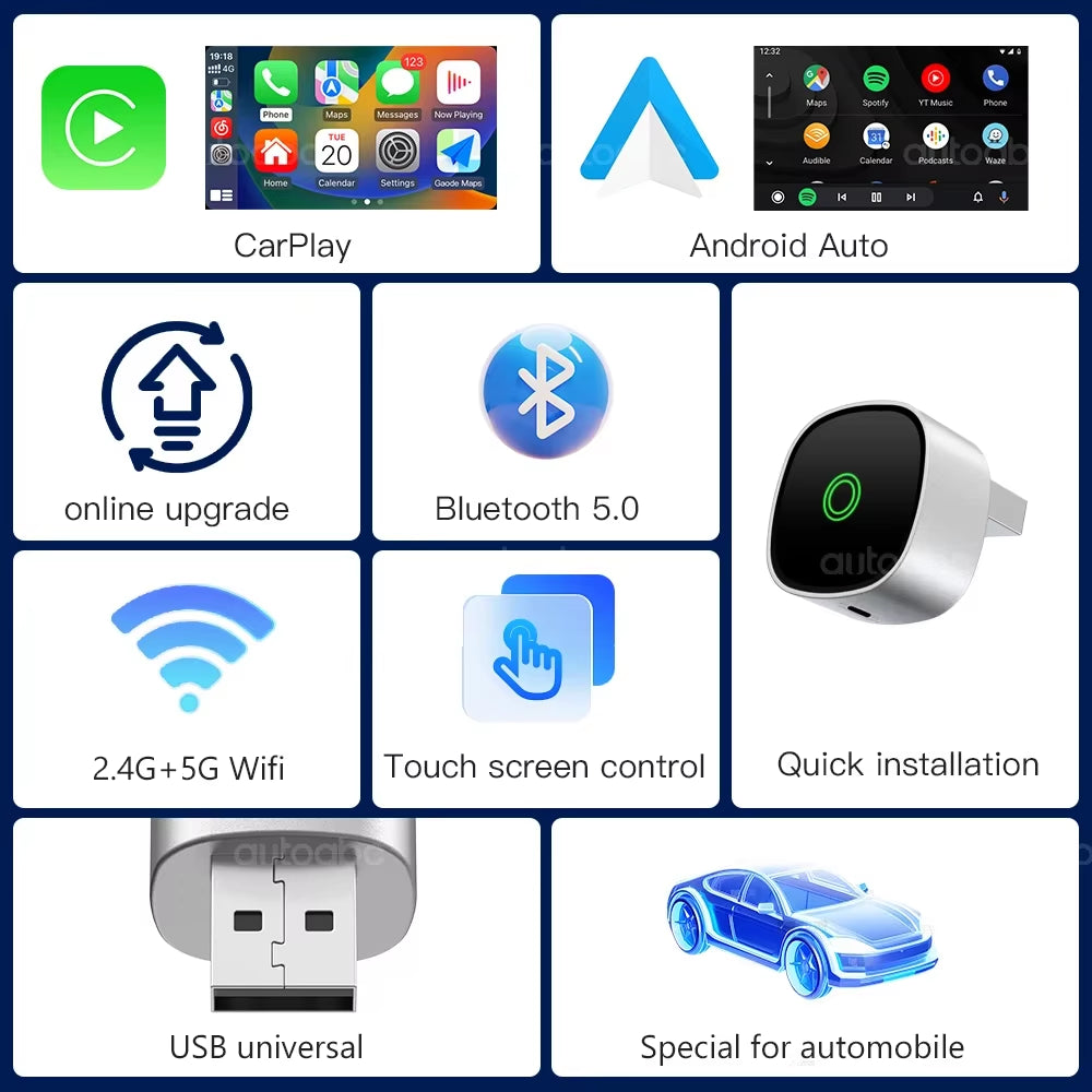 AUTOABC 2025 New 2 in 1 Wireless Carplay Adapter Plug & Plug Auto Connect No Delay Converts Wired to Wireless