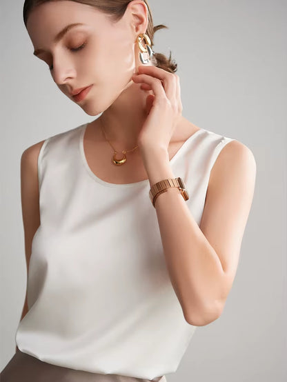 . Women Basic Cozy Tanks, 100%Real Silk, O Neck Sleeveless Chic T Shirt, 2025 Solid Summer Vests, White, Pink, Beige